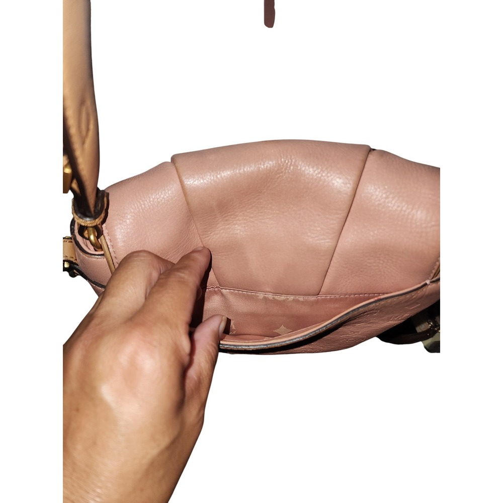 MCM Pink Leather Pleated Flap Crossbody Bag Gold Logo Tan Trim Shoulder Bag - Picture 4 of 5